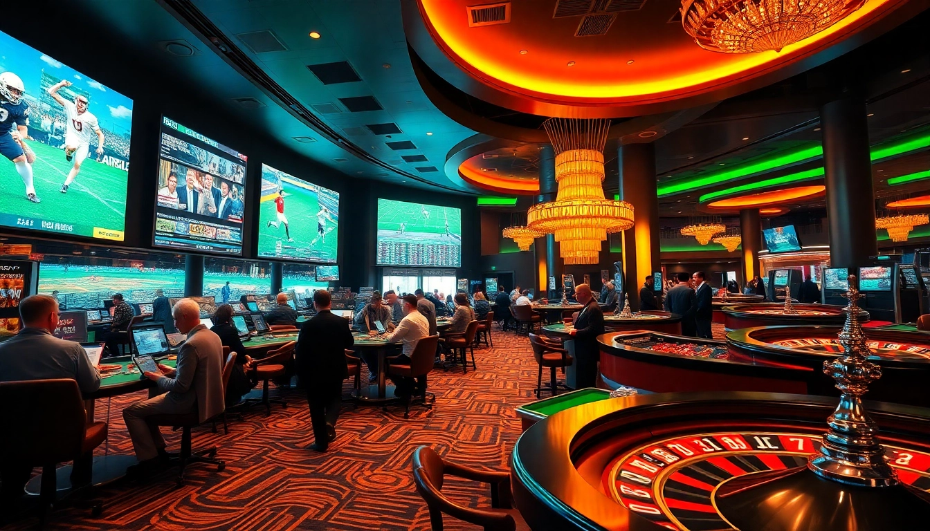 "Dabet thể thao betting scene with excited players analyzing odds in a vibrant casino setting."