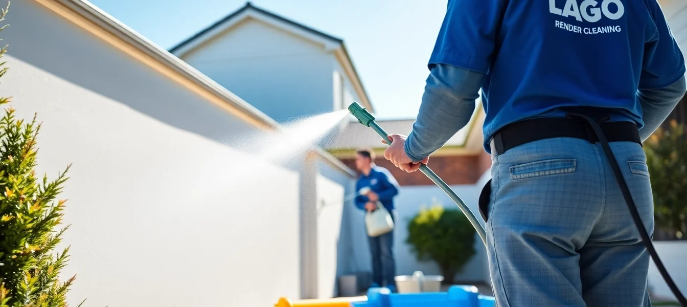 Render cleaning in progress with a professional team revitalizing a residential exterior.