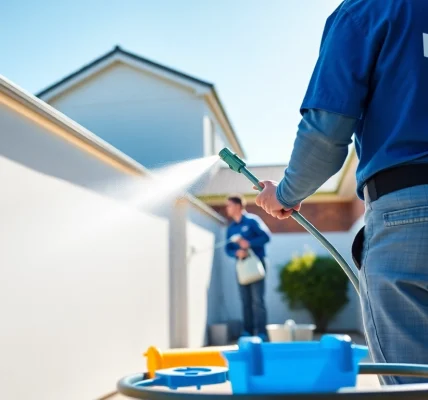 Render cleaning in progress with a professional team revitalizing a residential exterior.