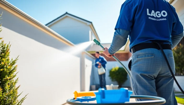 Render cleaning in progress with a professional team revitalizing a residential exterior.