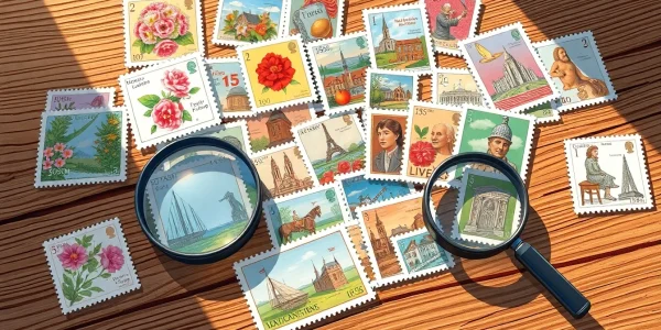 Explore a collection of cheap stamps displayed on a wooden table, capturing their vibrant designs.
