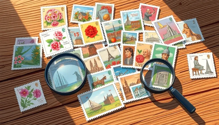 Explore a collection of cheap stamps displayed on a wooden table, capturing their vibrant designs.