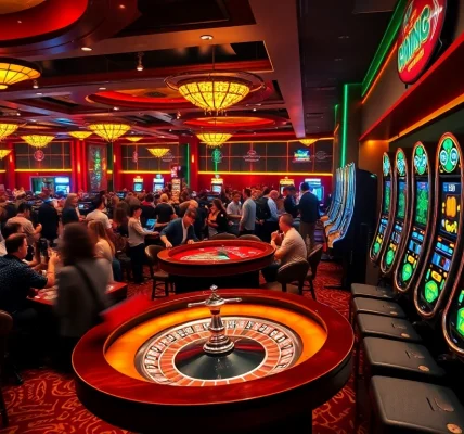 bästa utländska casinon: Players excitement gathered around the roulette table at a vibrant casino floor.
