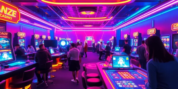 Explore gamification technology in an interactive virtual casino with vibrant neon accents.