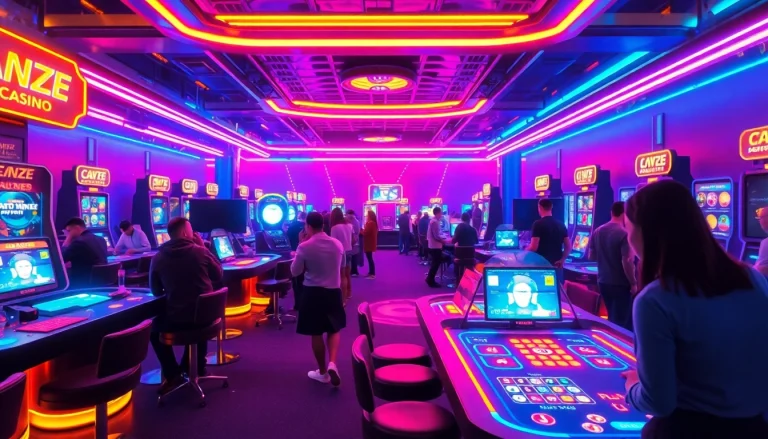 Explore gamification technology in an interactive virtual casino with vibrant neon accents.