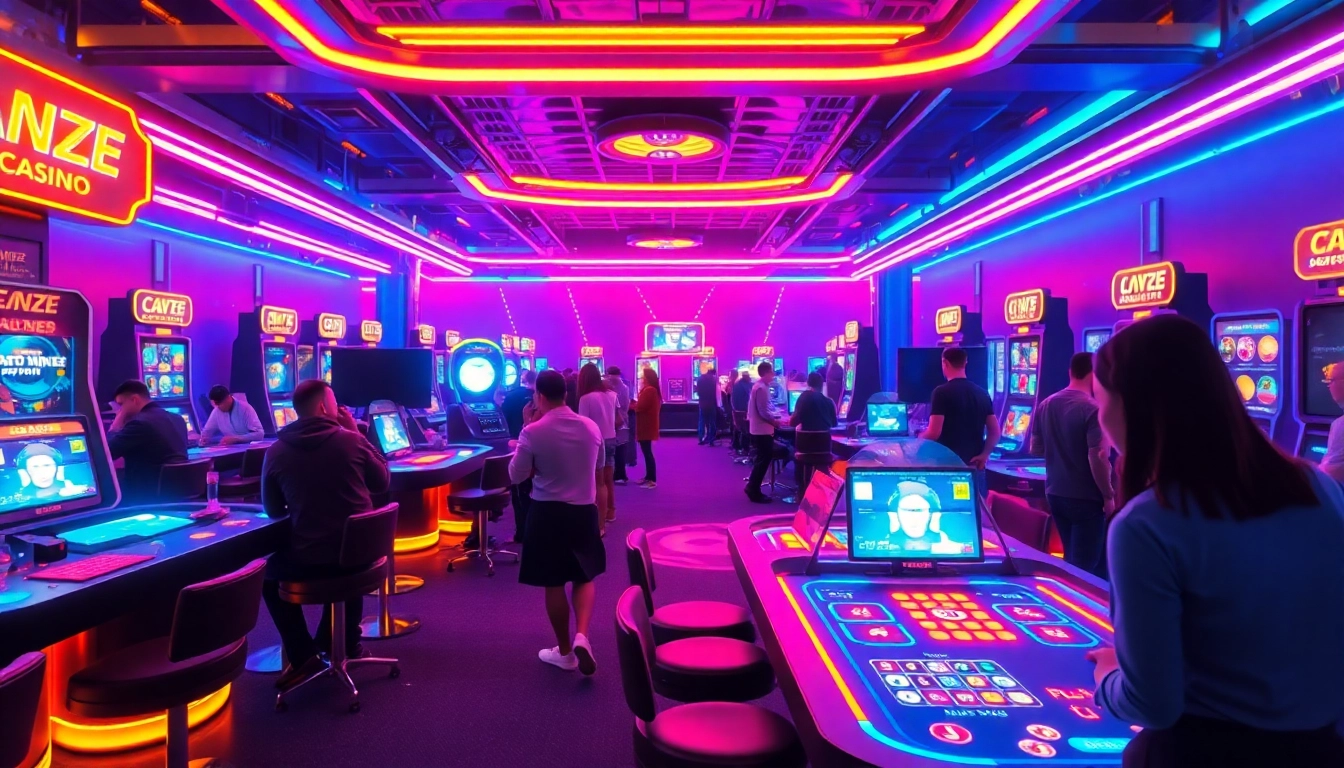 Explore gamification technology in an interactive virtual casino with vibrant neon accents.