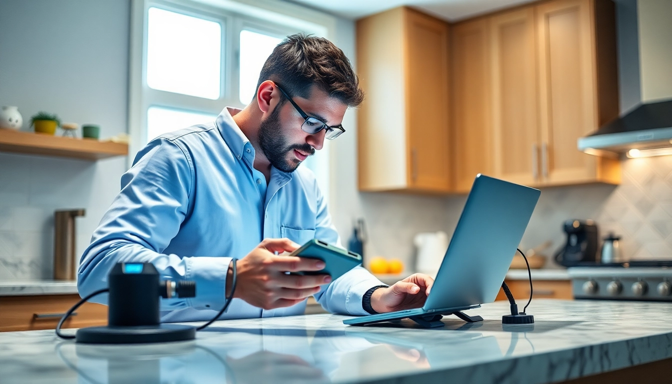Leak Detection Specialist actively using advanced technology to locate plumbing leaks in a modern kitchen setting.