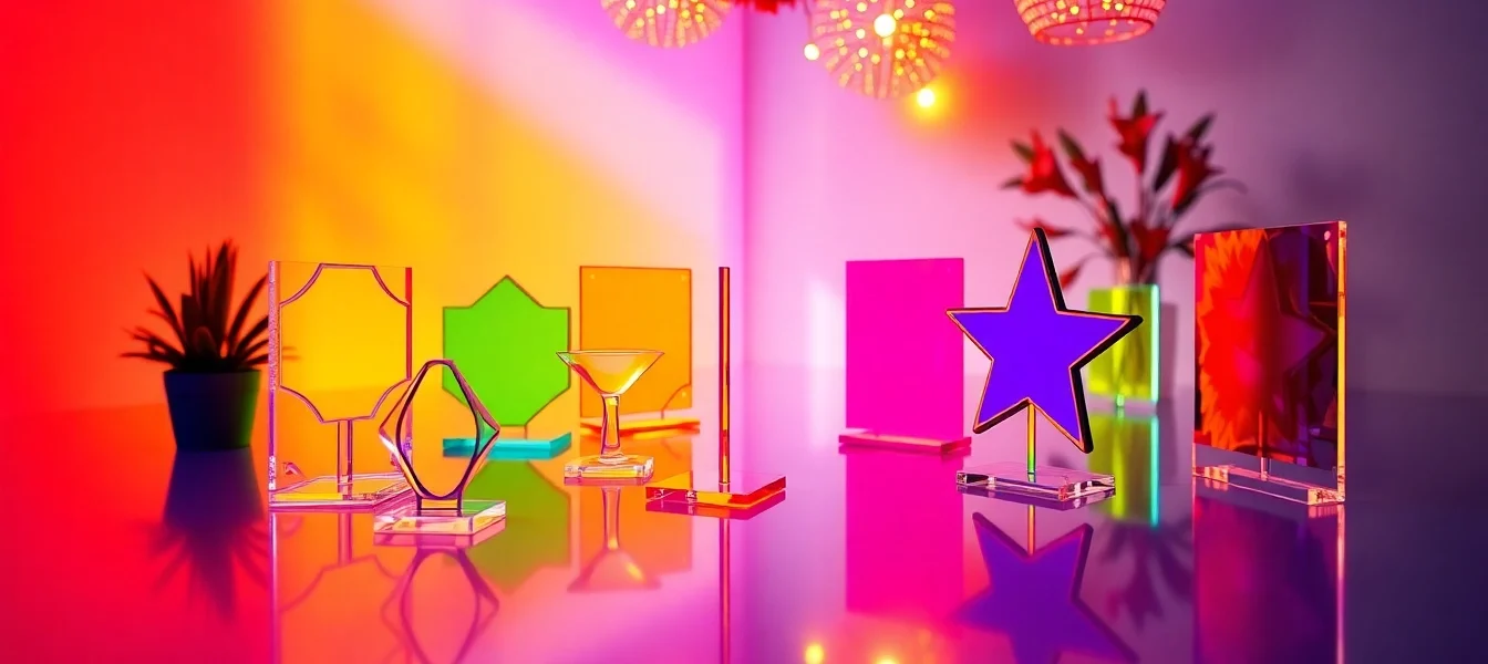 Showcase custom acrylic standees in vibrant colors and unique designs arranged artistically.