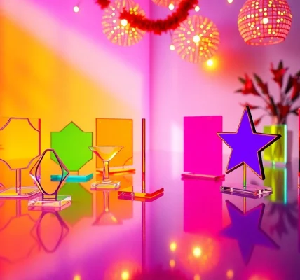 Showcase custom acrylic standees in vibrant colors and unique designs arranged artistically.