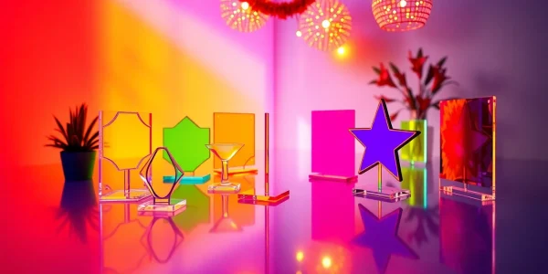 Showcase custom acrylic standees in vibrant colors and unique designs arranged artistically.