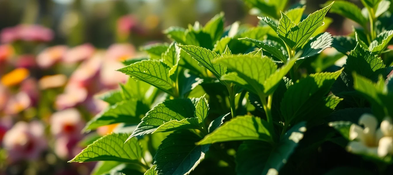 Experience the earthy scent of patchouli emanating from vibrant green leaves in a tranquil garden.