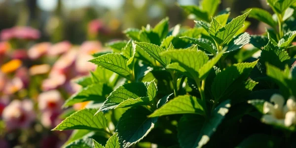 Experience the earthy scent of patchouli emanating from vibrant green leaves in a tranquil garden.