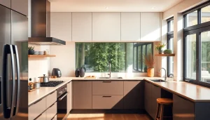 Showcase бяла техника in a modern kitchen with sleek appliances and a warm ambiance, highlighting contemporary design.