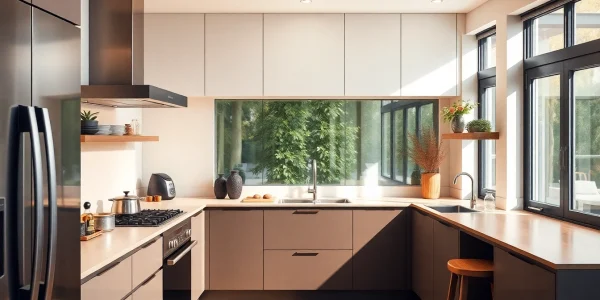 Showcase бяла техника in a modern kitchen with sleek appliances and a warm ambiance, highlighting contemporary design.