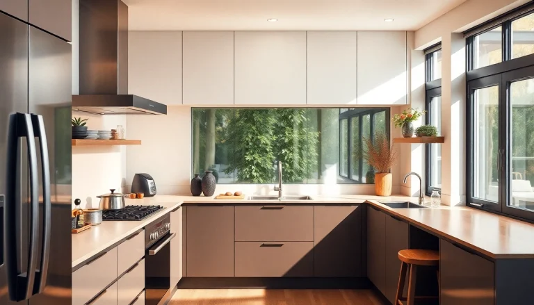 Showcase бяла техника in a modern kitchen with sleek appliances and a warm ambiance, highlighting contemporary design.