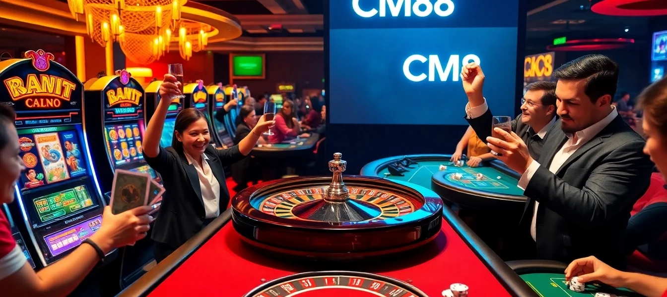 Experience the thrill of CM88 in a vibrant casino scene with roulette, poker, and excited patrons.