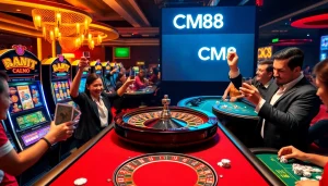 Experience the thrill of CM88 in a vibrant casino scene with roulette, poker, and excited patrons.