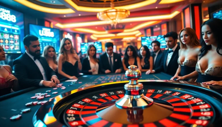 Exciting scene at U888 casino table with poker chips and roulette wheel spinning.