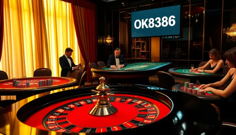 Roulette table action featuring a vibrant casino scene with players, chips, and the keyword OK8386.