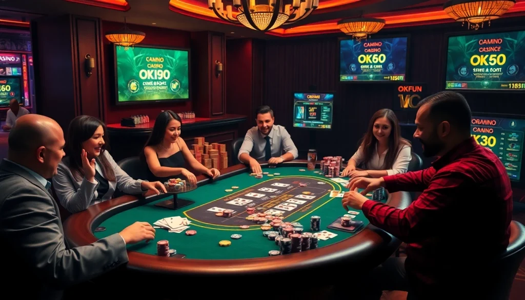 Experience the luxury of OKFUN's casino environment, featuring poker tables and eager players betting high.