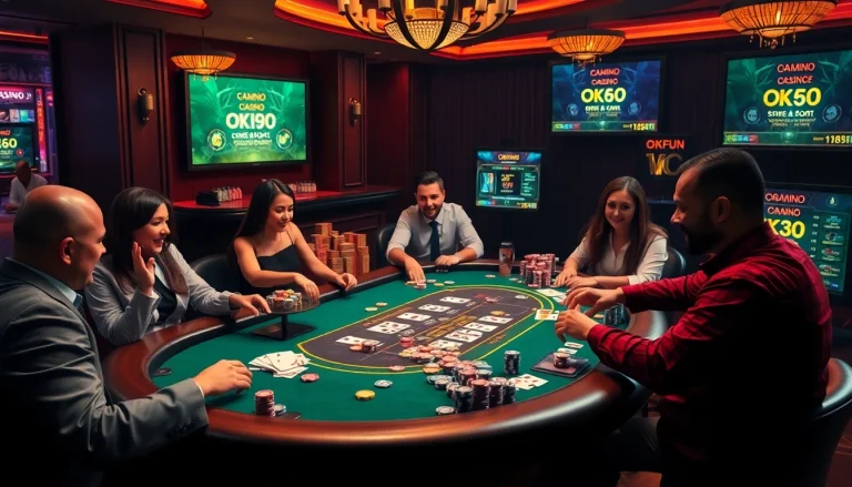 Experience the luxury of OKFUN's casino environment, featuring poker tables and eager players betting high.