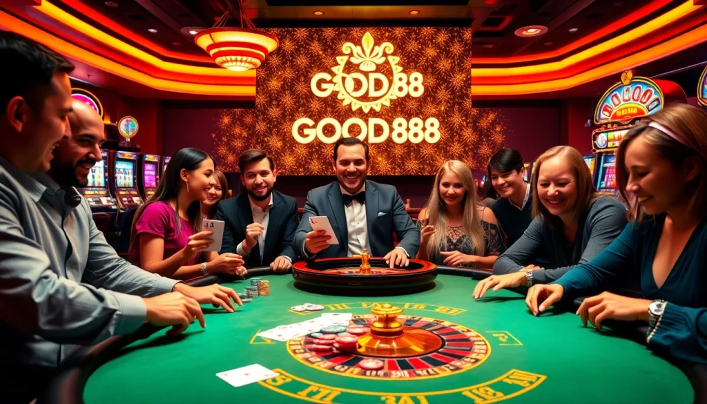 Players engaged in a thrilling poker game at GOOD88 casino, showcasing excitement and strategy.
