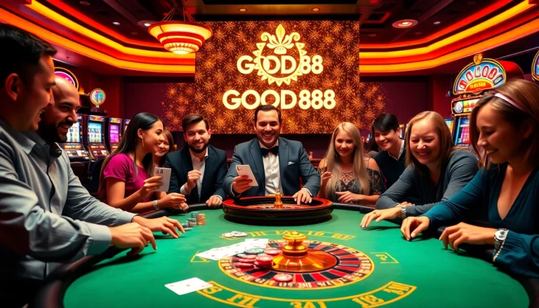 Players engaged in a thrilling poker game at GOOD88 casino, showcasing excitement and strategy.