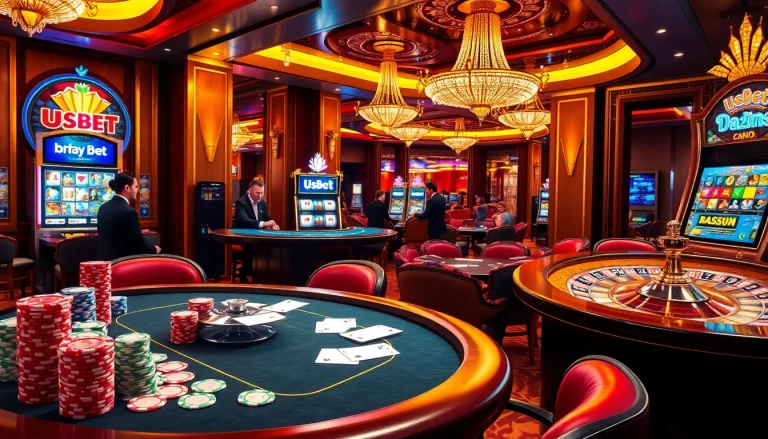 Exciting casino scene with usbet poker games and roulette table showcasing luxury and entertainment.