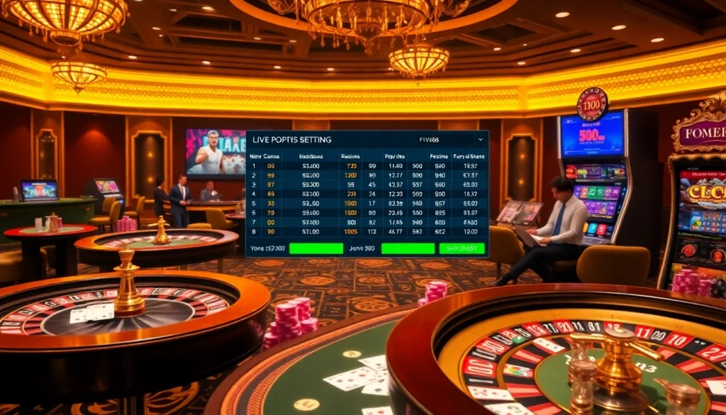 Experience exhilarating gameplay at FIVE88 with vibrant tables, roulette wheels, and poker chips.