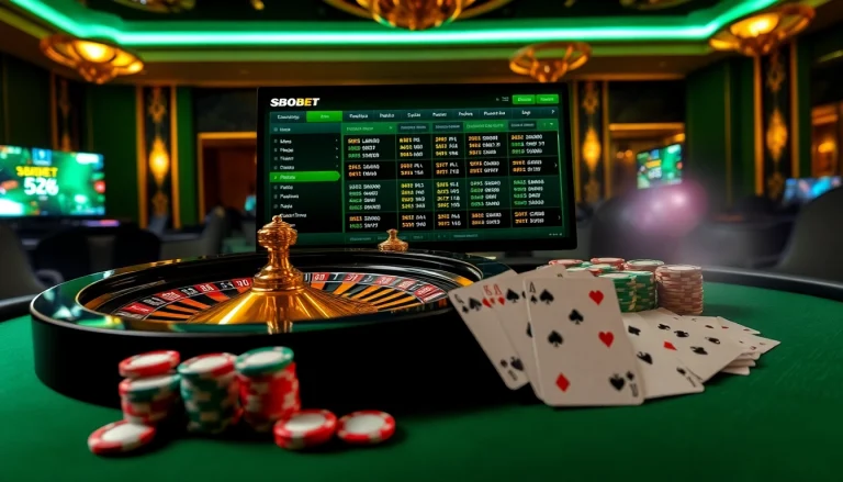 SBOBET online betting interface showcasing poker chips and a roulette wheel in a luxurious casino setting.