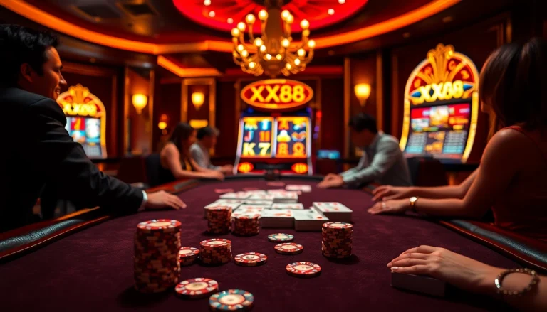 Engaging players test their luck at the luxurious XX88 casino table with vibrant cards and chips.