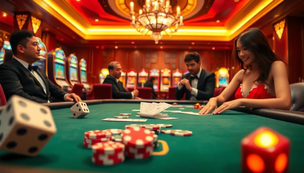 Experience the excitement of online gaming at nhà cái 888b with luxury poker tables and vibrant slot machines.