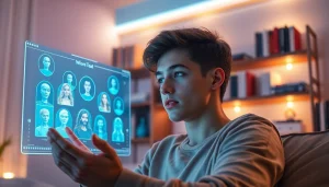 Engaging ai sex chat experience with a futuristic AI chatbot in a cozy room.