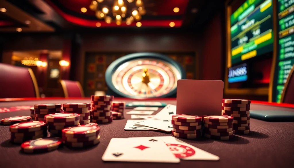 Experience the excitement of Jun888 with a vibrant, luxurious casino setup featuring poker chips and cards.