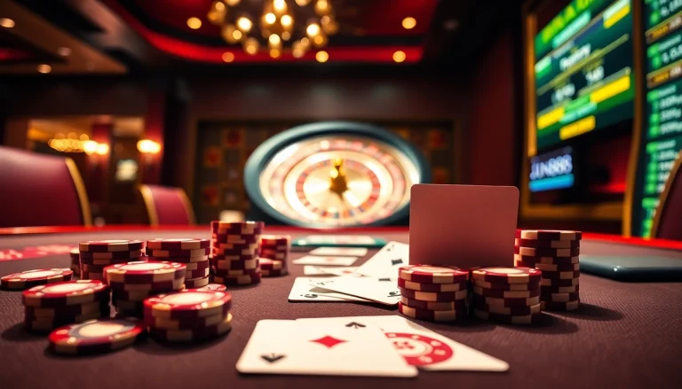 Experience the excitement of Jun888 with a vibrant, luxurious casino setup featuring poker chips and cards.
