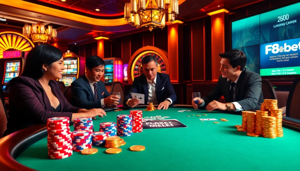 Experience F8bet đăng nhập with a vibrant scene of an engaging poker game in a luxurious casino.
