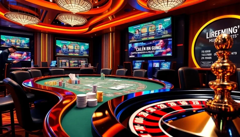 Join the thrilling atmosphere of Liên minh quốc tế KJC with vibrant poker chips and a spinning roulette wheel.