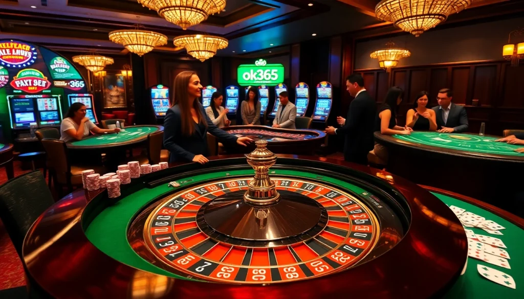 Experience high-stakes gaming at ok365 with vibrant casino tables and poker chips ready for action.