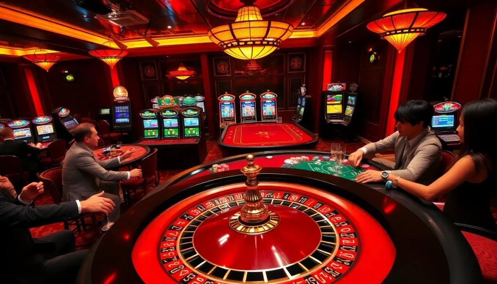 Exciting gambling action showcases kèo nhà cái with poker chips, roulette wheel, and luxurious casino ambiance.