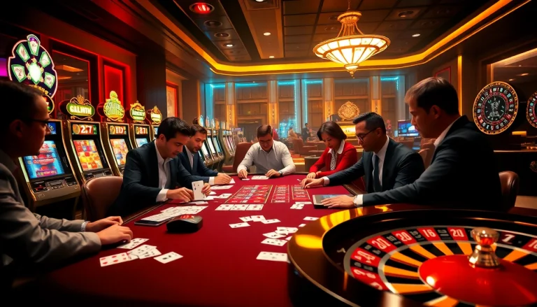 Players enjoying their games at nhà cái 123WIN, showcasing excitement and betting action in a modern casino setting.