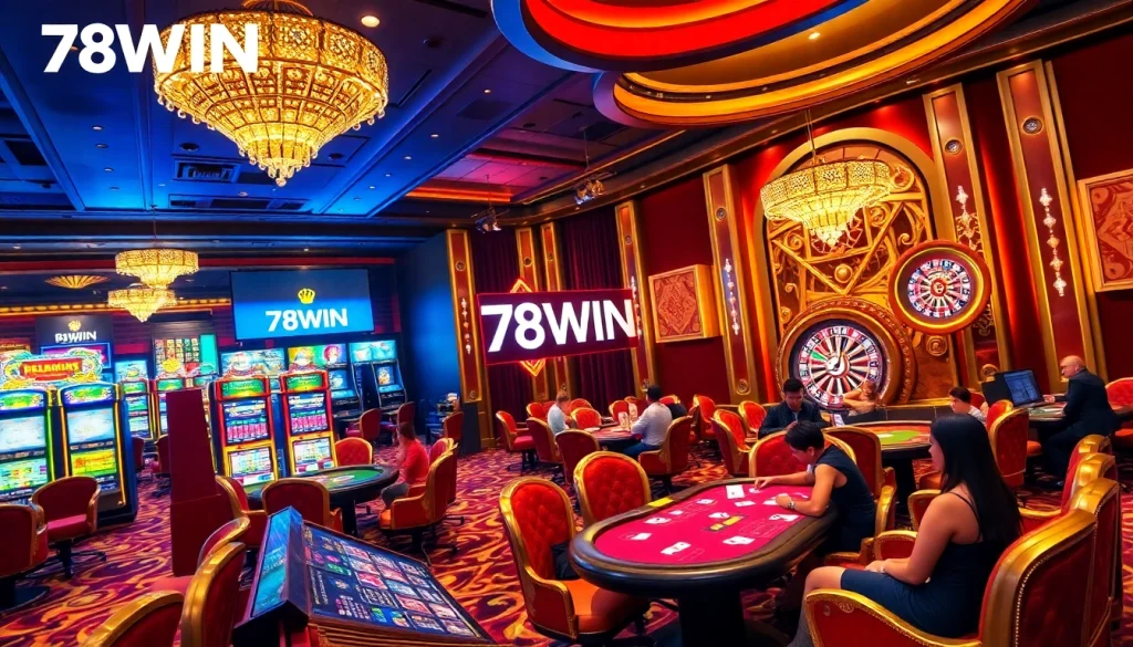 Players enjoying thrilling games at 78WIN casino, featuring vibrant tables and luxurious atmosphere.