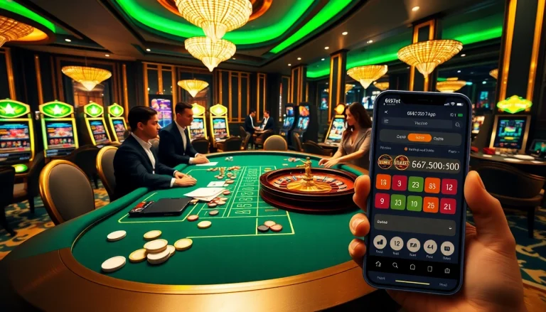 Exciting casino scene showcasing the 667bet App with players, cards, and vibrant roulette action.