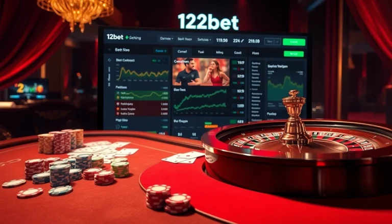 Experience the excitement of 12bet with vibrant casino visuals showcasing roulette, cards, and sports betting.