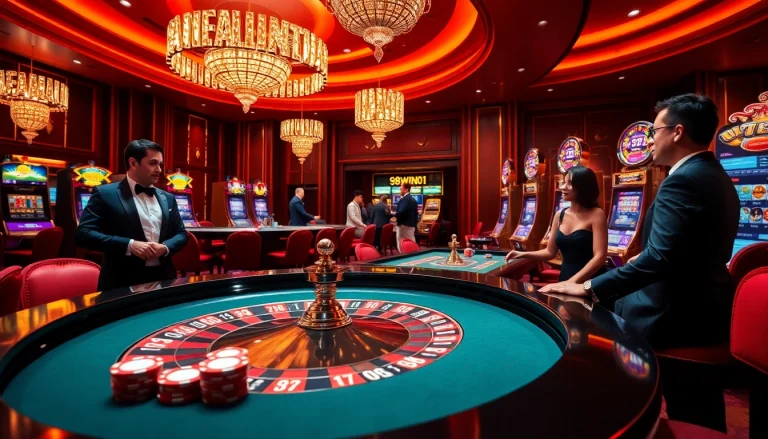 Players enjoying Roulette and slot machines at 98win01 casino with vibrant lights.