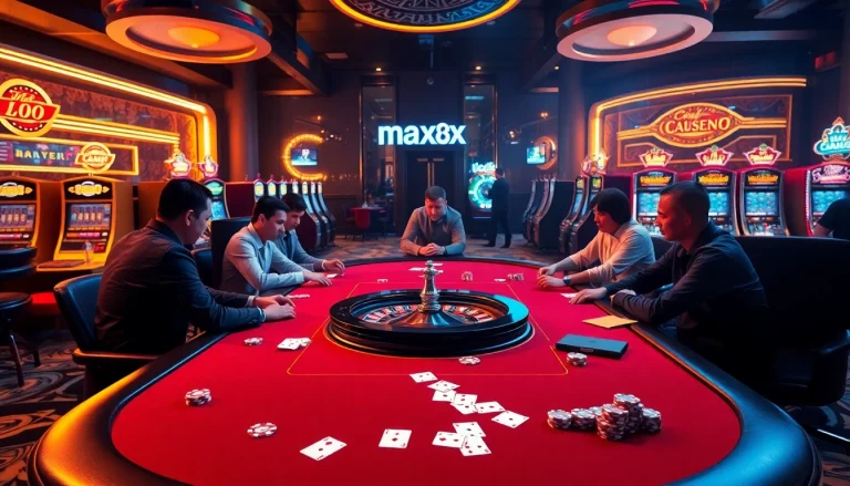 High-stakes poker action at max88 com casino, featuring chips, cards, and a roulette wheel.