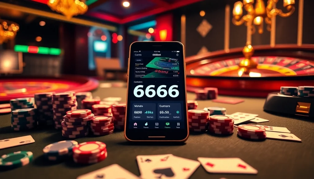 Experience the excitement of the 6666bet App featuring poker chips and casino elements on display.