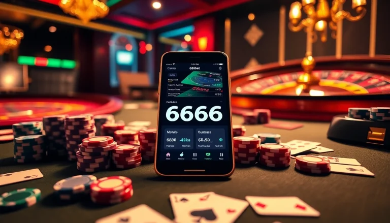 Experience the excitement of the 6666bet App featuring poker chips and casino elements on display.