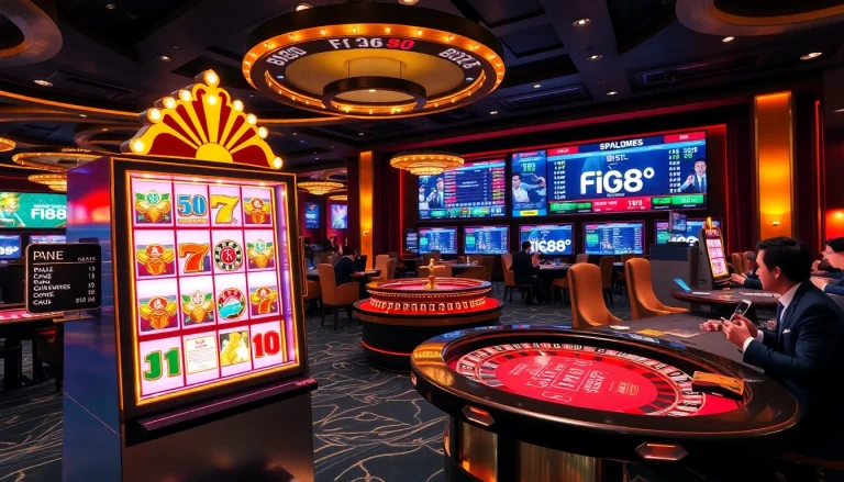 Players enjoying a thrilling experience at fb88 casino with vibrant slot machines and engaging poker tables.