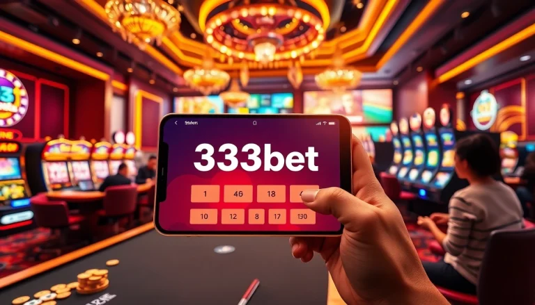 Experience the excitement of the 333bet App in a vibrant online casino setting with dealers and slots.