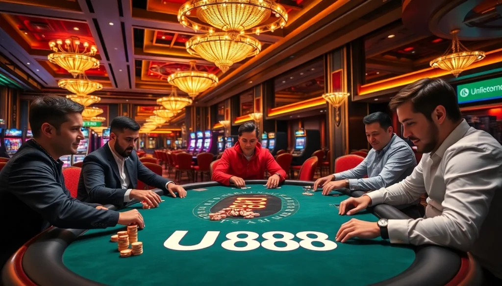 Engaging poker players at a U888 branded casino table, creating an exciting atmosphere.